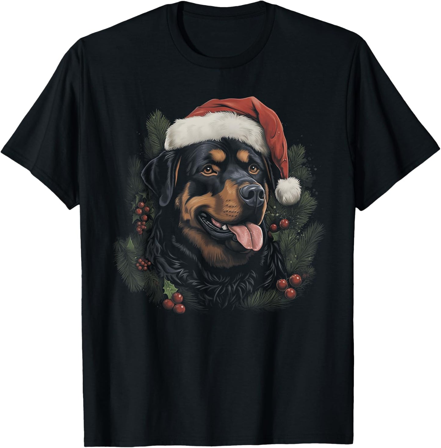 Rottweiler Dog Funny Christmas Santa Hat Tree Matching T-Shirt - T-Shirt | Black