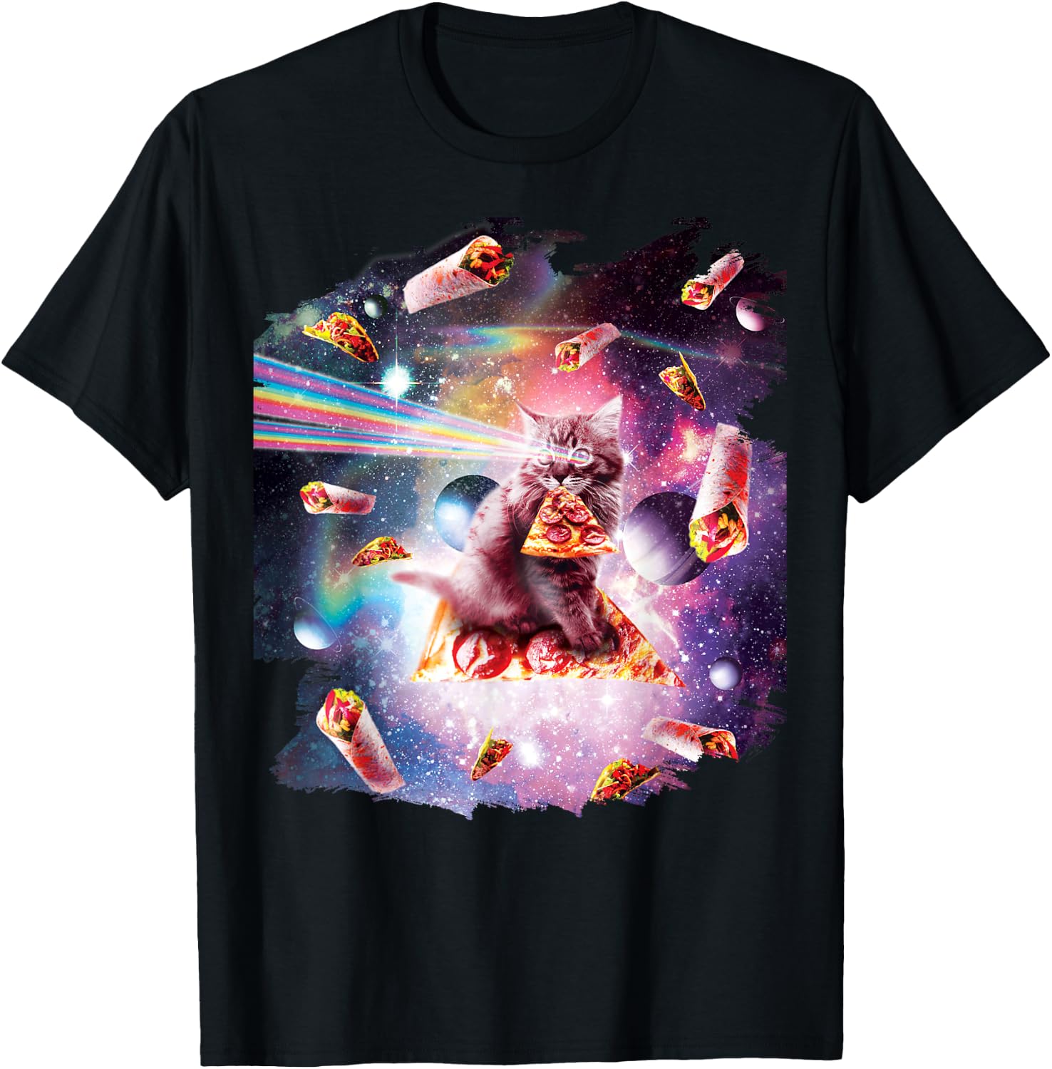 Outer Space Pizza Cat Rainbow Laser Taco Burrito Men Women Kids T-Shirt - T-Shirt | Black