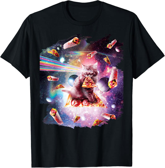 Outer Space Pizza Cat Rainbow Laser Taco Burrito Men Women Kids T-Shirt - T-Shirt | Black
