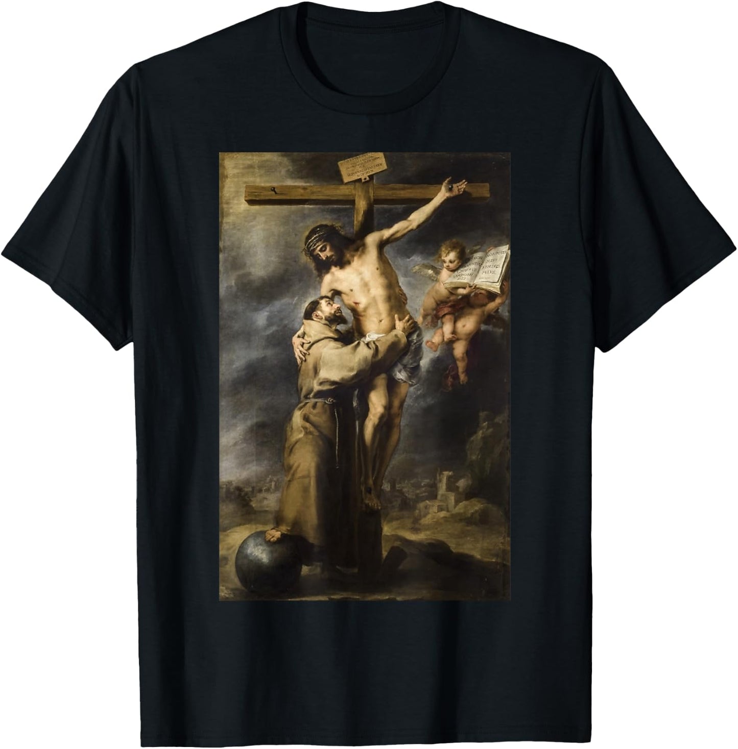 Saint Francis Embracing Christ on the Cross Painting Murillo T-Shirt - T-Shirt | Black