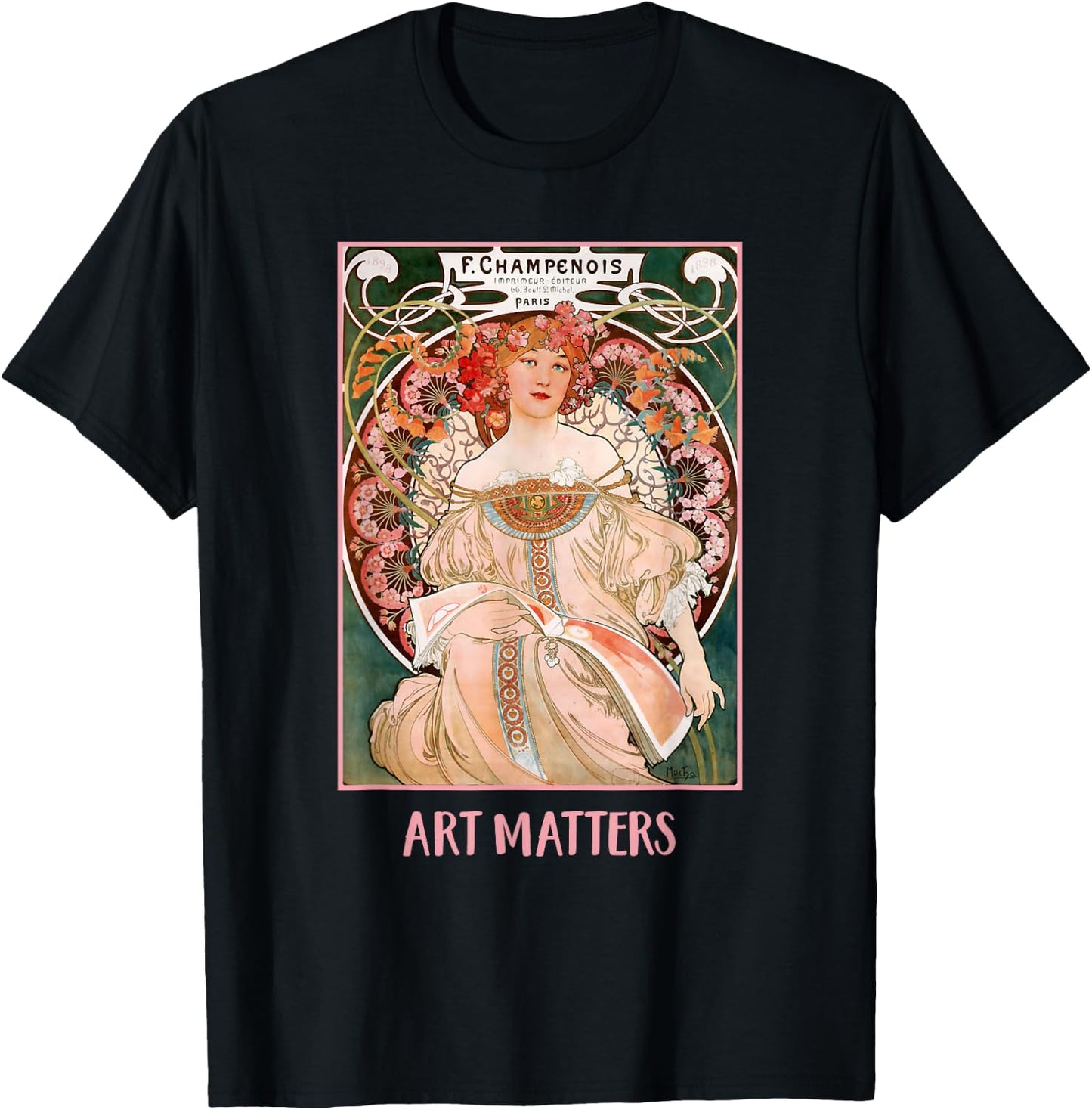 Women with Flowers Paris Mucha Art Nouveau Art Matters T-Shirt - T-Shirt | Black