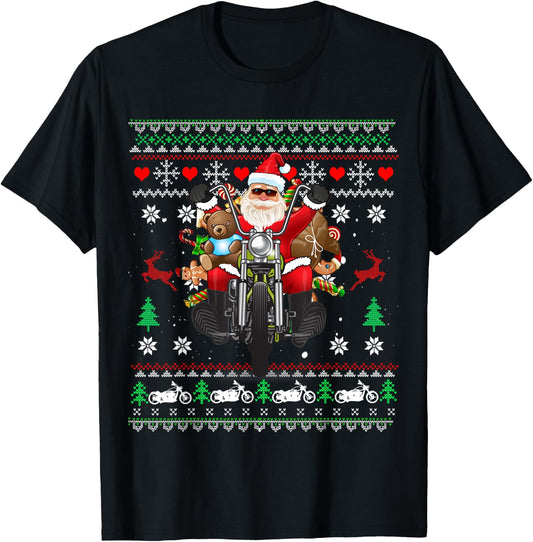 Santa On Motorcycle, Merry Christmas, Men, Biker, Rider Ugly T-Shirt - T-Shirt | Black
