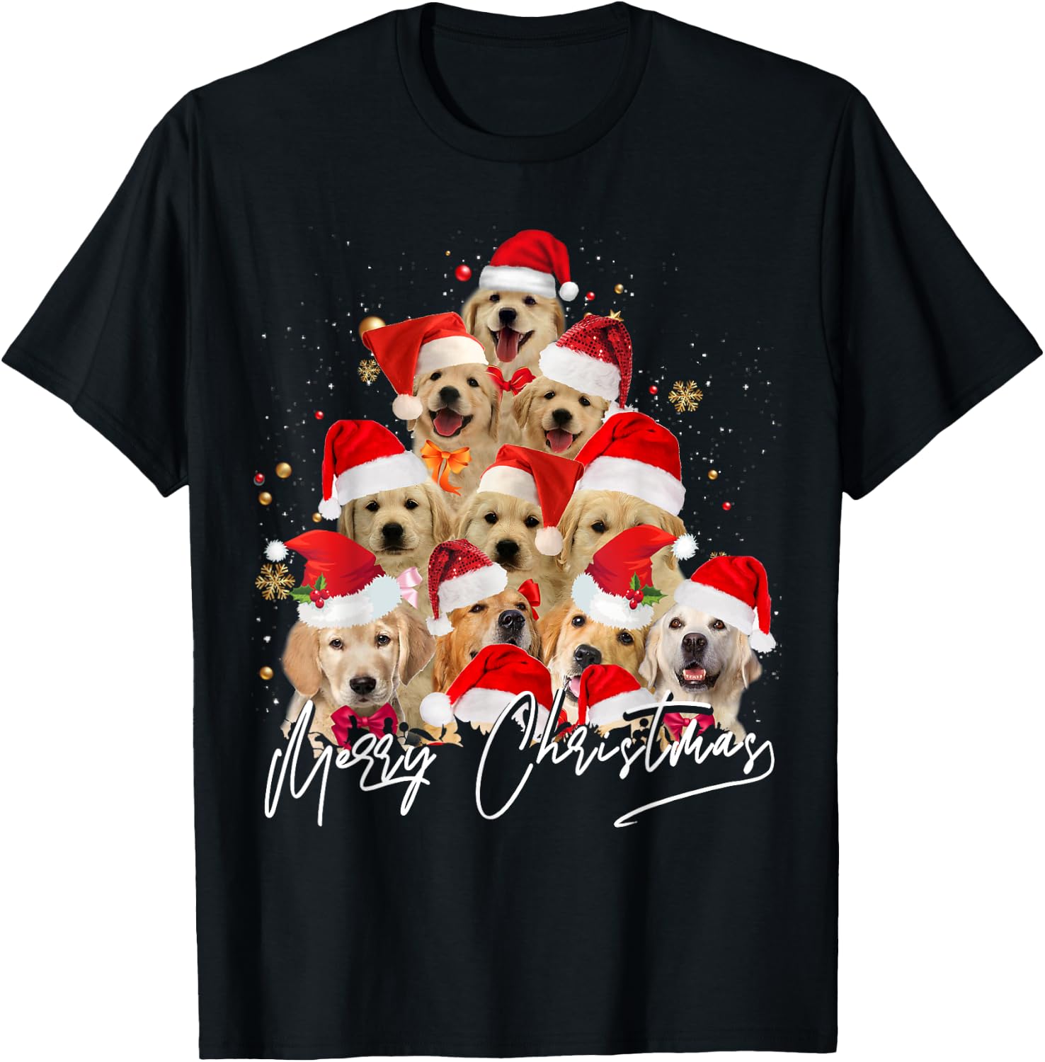 Golden Retriever Santa Hat Xmas Dogs Merry Christmas Graphic T-Shirt - T-Shirt | Black