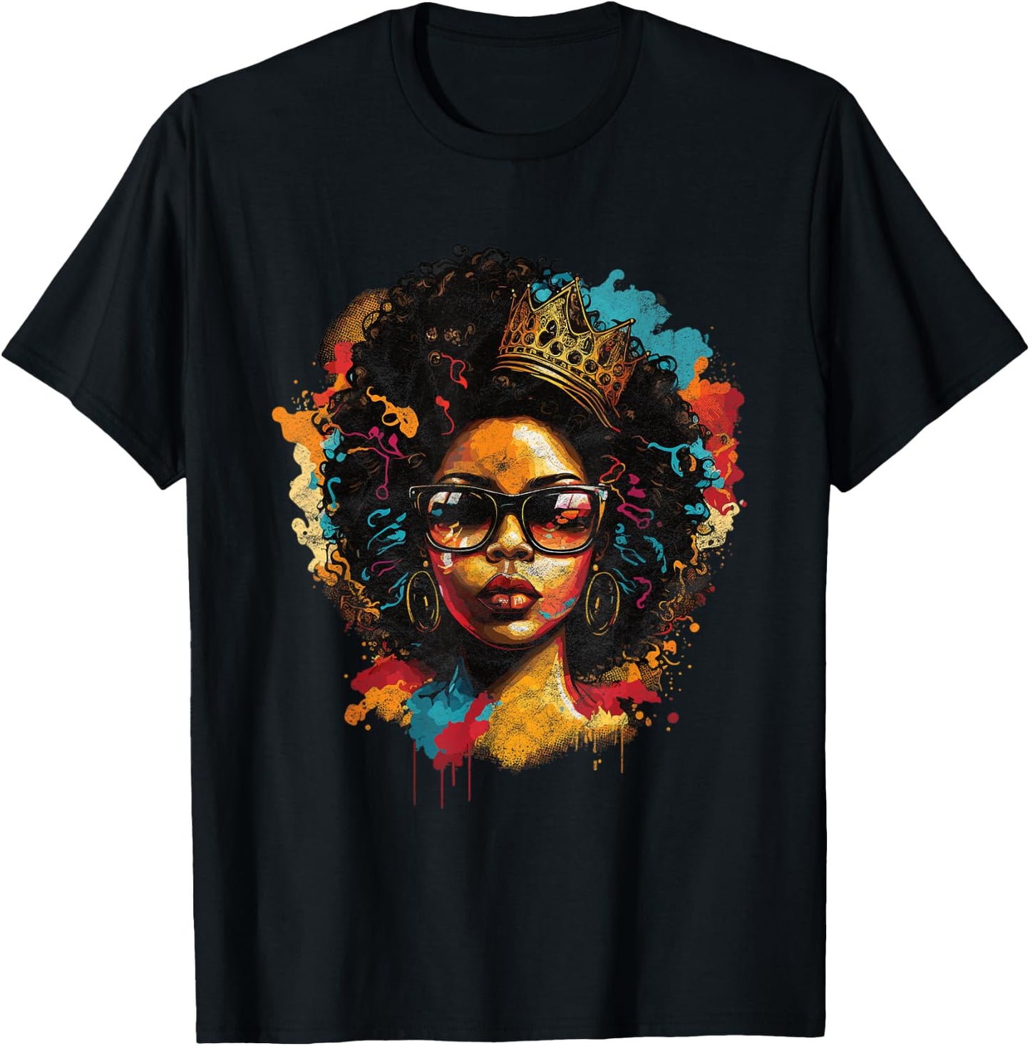 Colorful Art Black Queen Afro Melanin Dripping Juneteenth T-Shirt - T-Shirt | Black