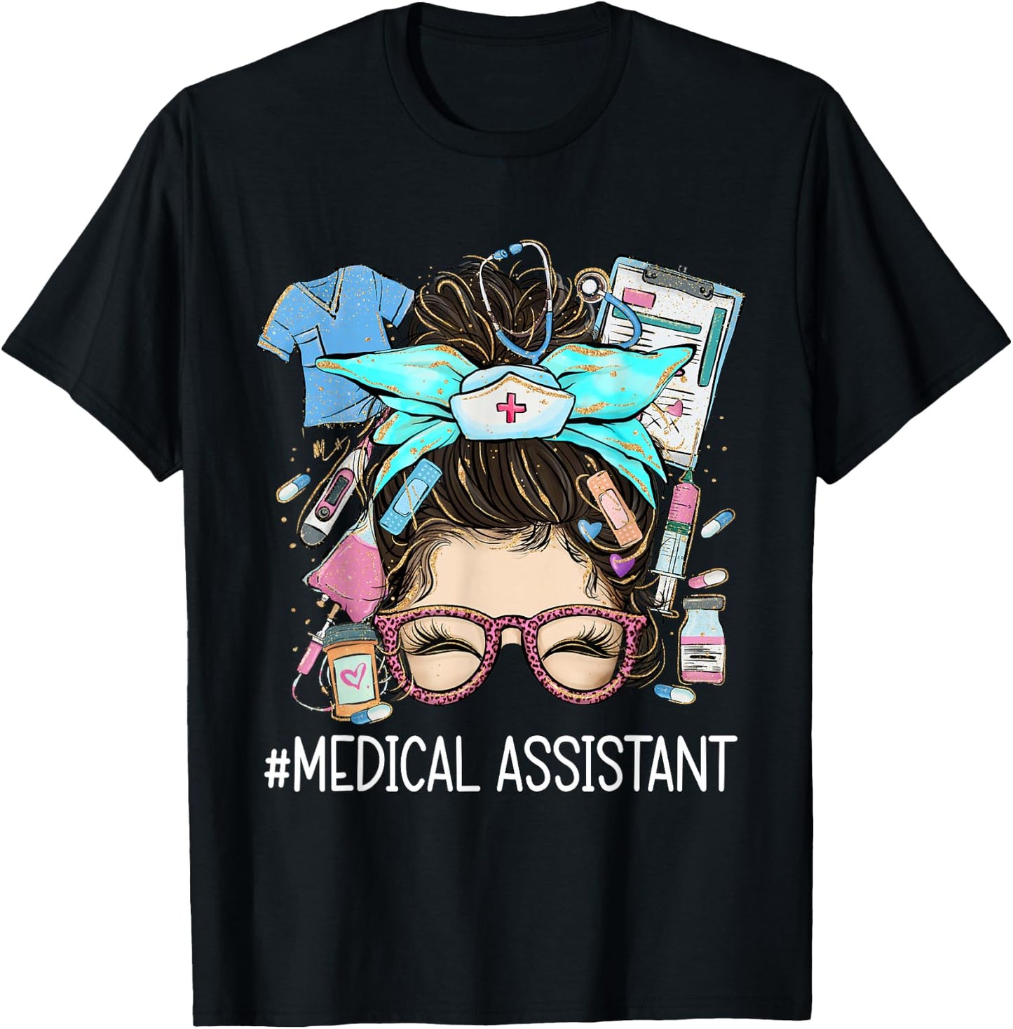 Medical Assistant MA CMA Nurse nursing messy bun doctor T-Shirt - T-Shirt | Black