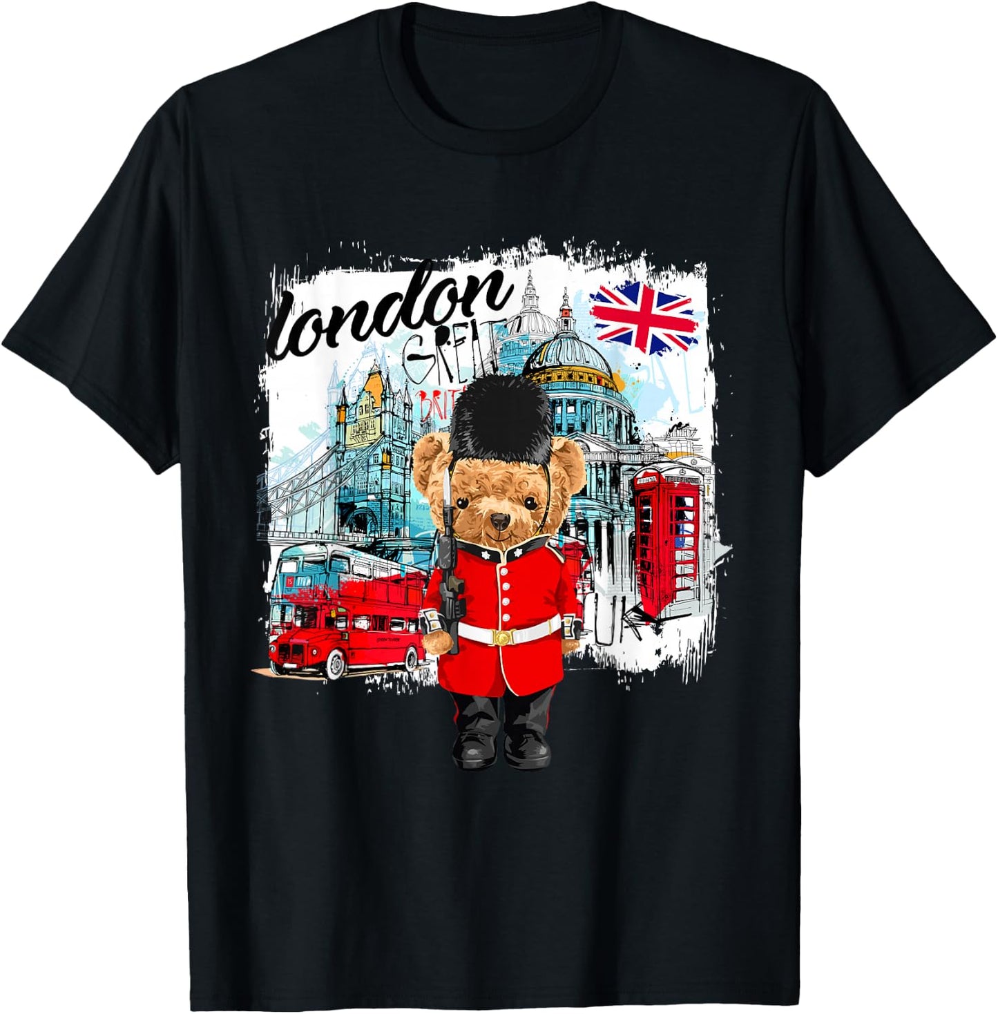 London Teddy Bear Queen Guard Illustration Graphic Cartoon T-Shirt - T-Shirt | Black
