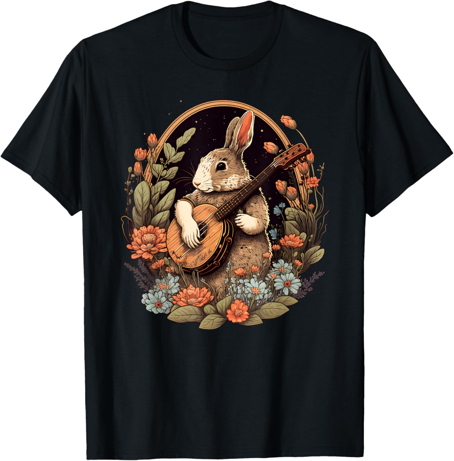 Funny Bunny Playing Banjo Guitar Music Rabbit Happy Easter T-Shirt - T-Shirt | Black