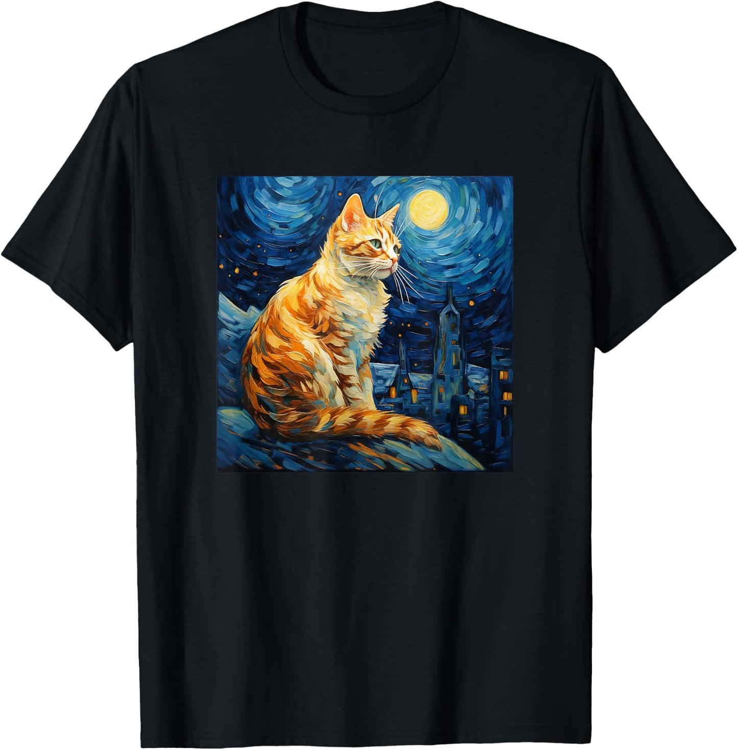 Cat Starry Night lover art Painting kitty kitten Van Gogh T-Shirt - T-Shirt | Black