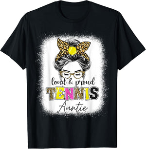 Loud and proud tennis Auntie messy bun leopard women T-Shirt - T-Shirt | Black
