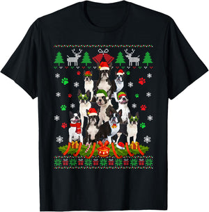 Ugly Sweater Christmas Tree Boston Terrier Dog Xmas Pajama T-Shirt - T-Shirt | Black
