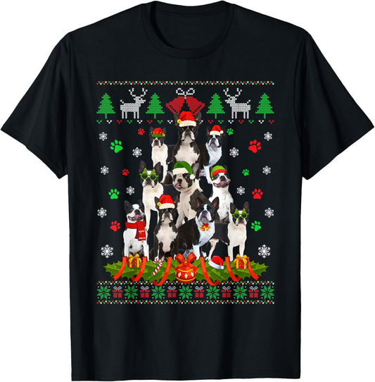 Ugly Sweater Christmas Tree Boston Terrier Dog Xmas Pajama T-Shirt - T-Shirt | Black