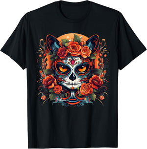 Cute Cat Sugar Skull Mexican Cat Halloween Day Of The Dead Men Women Kids T-Shirt - T-Shirt | Black