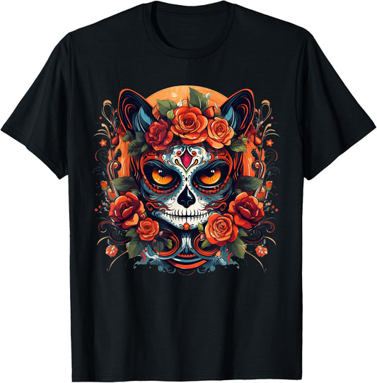 Cute Cat Sugar Skull Mexican Cat Halloween Day Of The Dead Men Women Kids T-Shirt - T-Shirt | Black