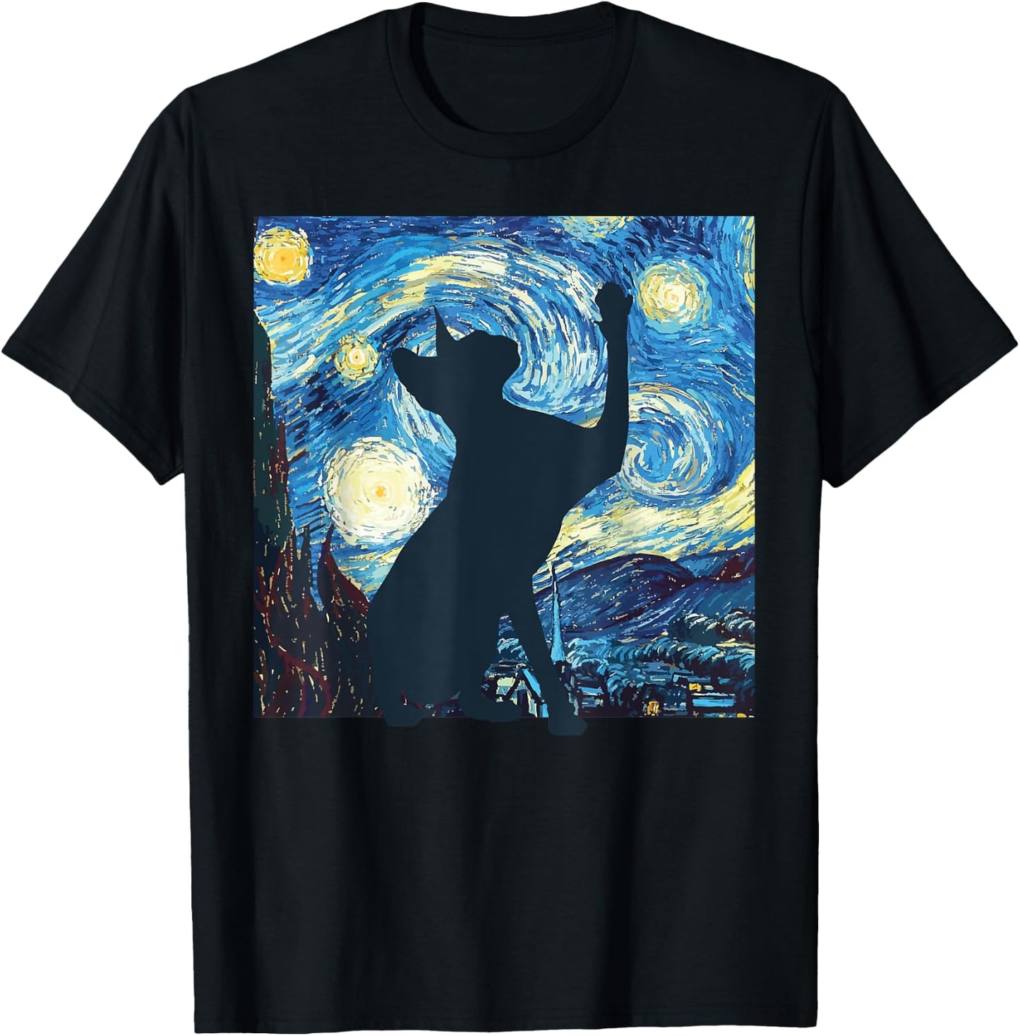 Cat Starry Night Painting Funny Painting Art Women Girls Kid T-Shirt - T-Shirt | Black