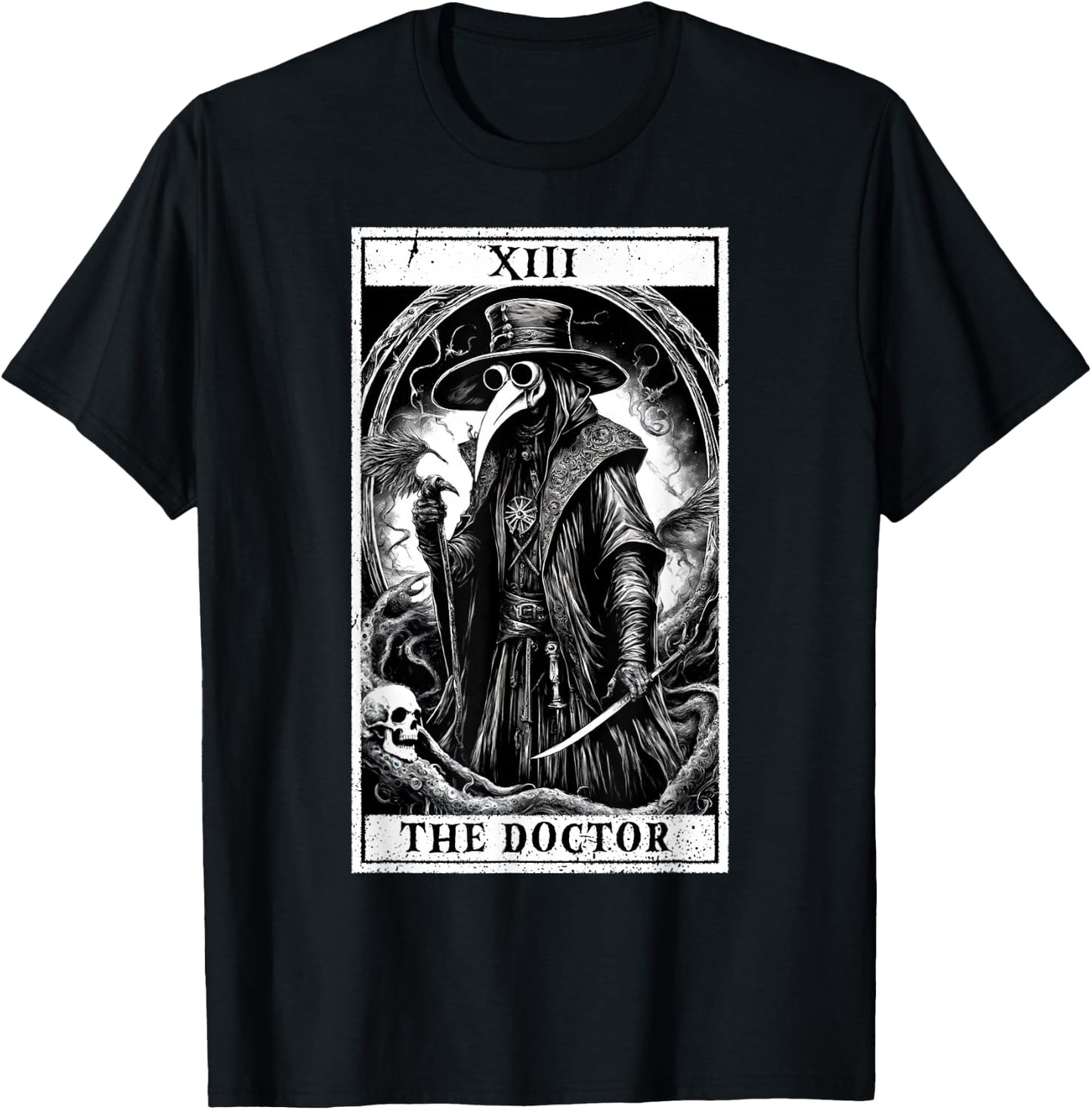 Tarot Card Plague Medical Doctor Magic Occult White on Black T-Shirt - T-Shirt | Black