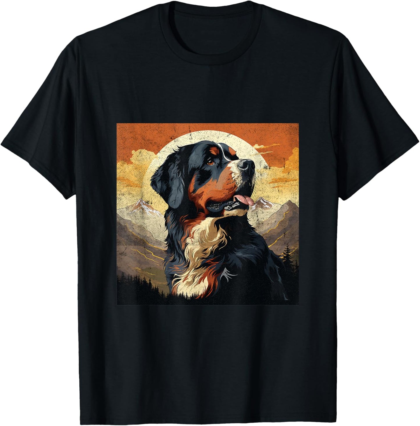 Vintage Bernese Mountain Dog Distressed Mountain Sunset T-Shirt - T-Shirt | Black