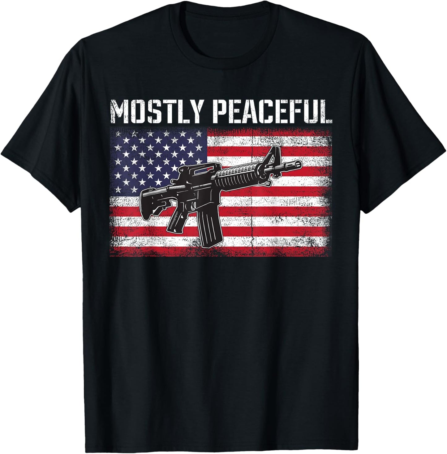 Mostly Peaceful Gun Rights AR-15 American Flag 2A T-Shirt - T-Shirt | Black