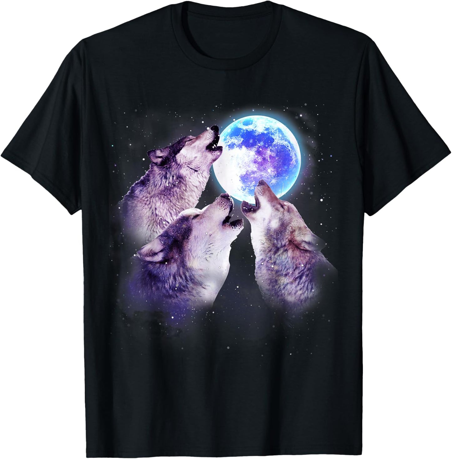 Three Grey Wolf Howling at The Moon 3 Wolves Space Galaxy T-Shirt - T-Shirt | Black