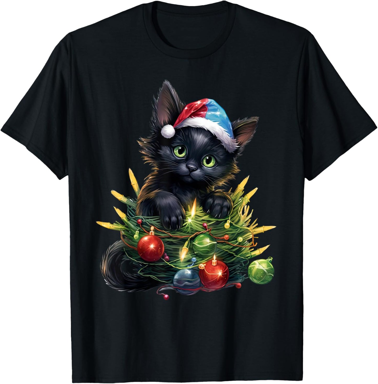 Cute Christmas Cat kittens with Santa Claus hat merry catmas T-Shirt - T-Shirt | Black