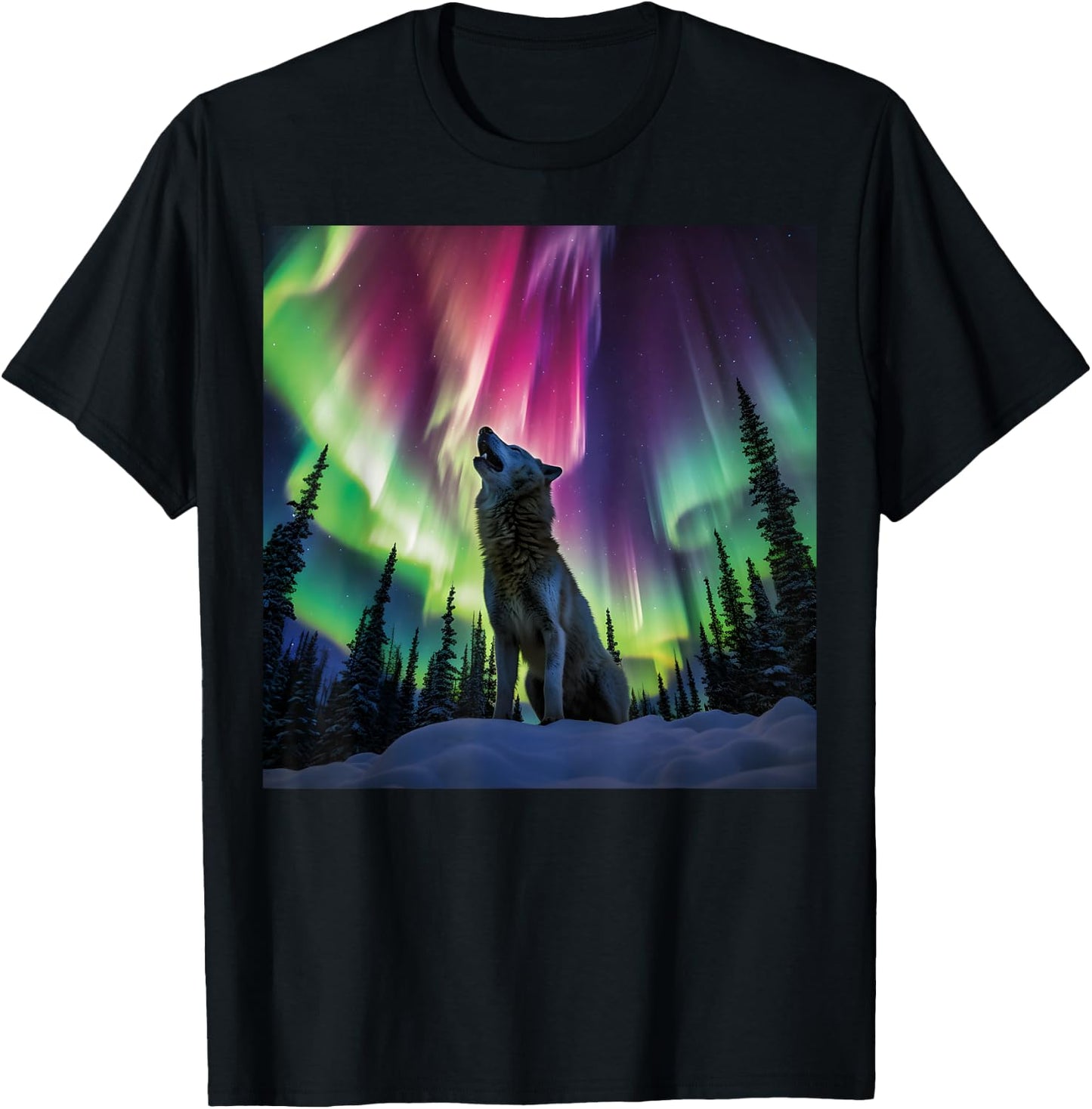 Alaska Aurora Borealis Howling Wolf Aesthetic Photo Souvenir T-Shirt - T-Shirt | Black