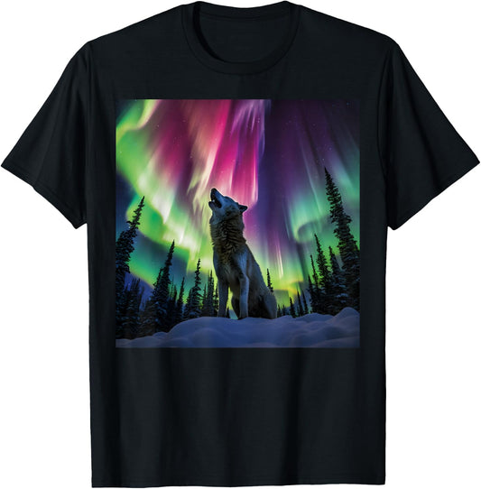 Alaska Aurora Borealis Howling Wolf Aesthetic Photo Souvenir T-Shirt - T-Shirt | Black