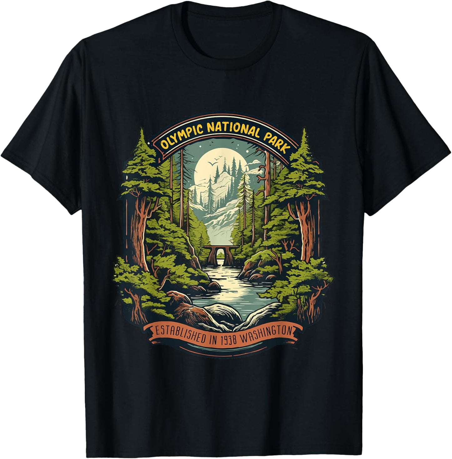 Olympic National Park -Adults Retro Black Cotton Small T-Shirt - T-Shirt | Black