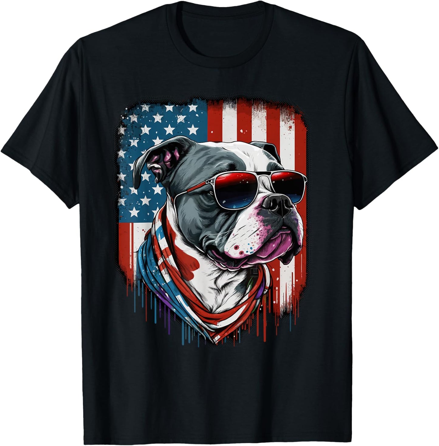 Pitbull Dog Red White Blue American Flag Sunglasses T-Shirt - T-Shirt | Black