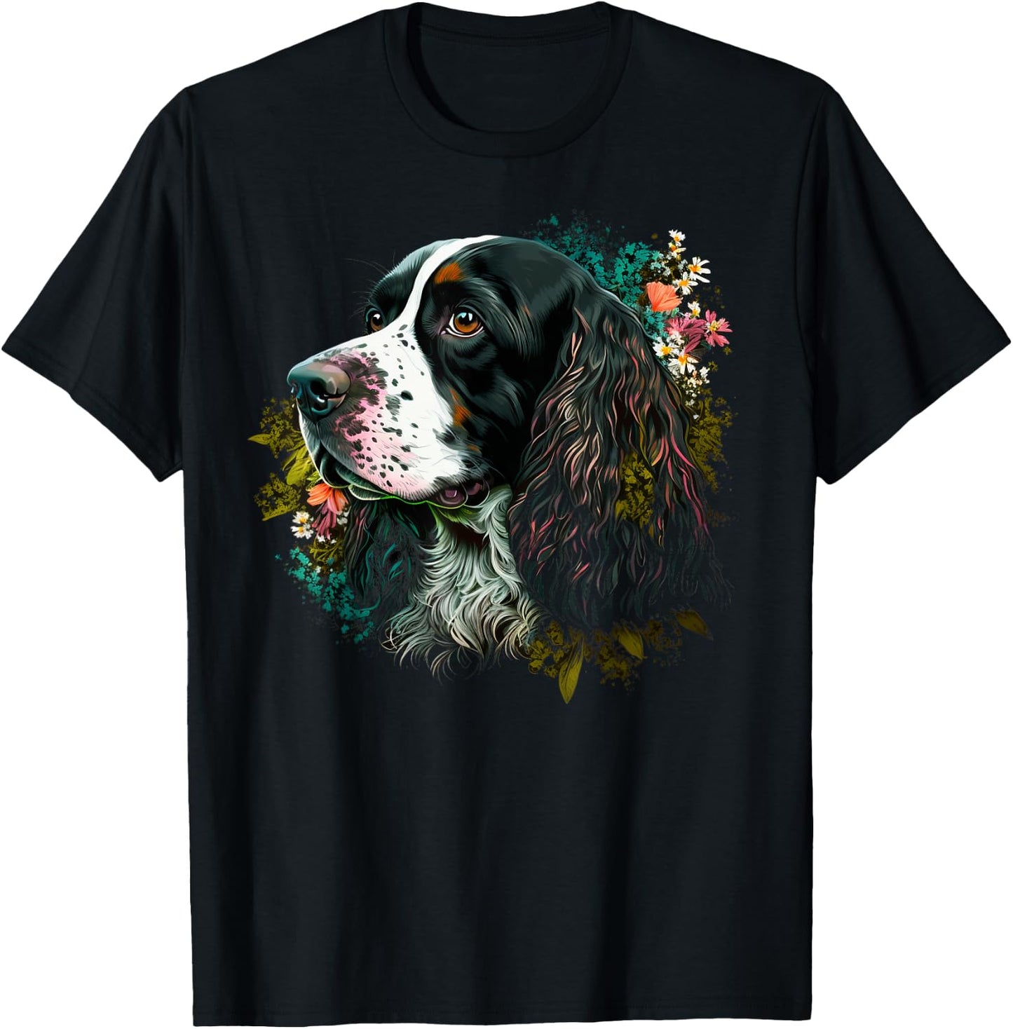 Cute Flower summer Floral English Springer Spaniel Men Women Kids T-Shirt - T-Shirt | Black
