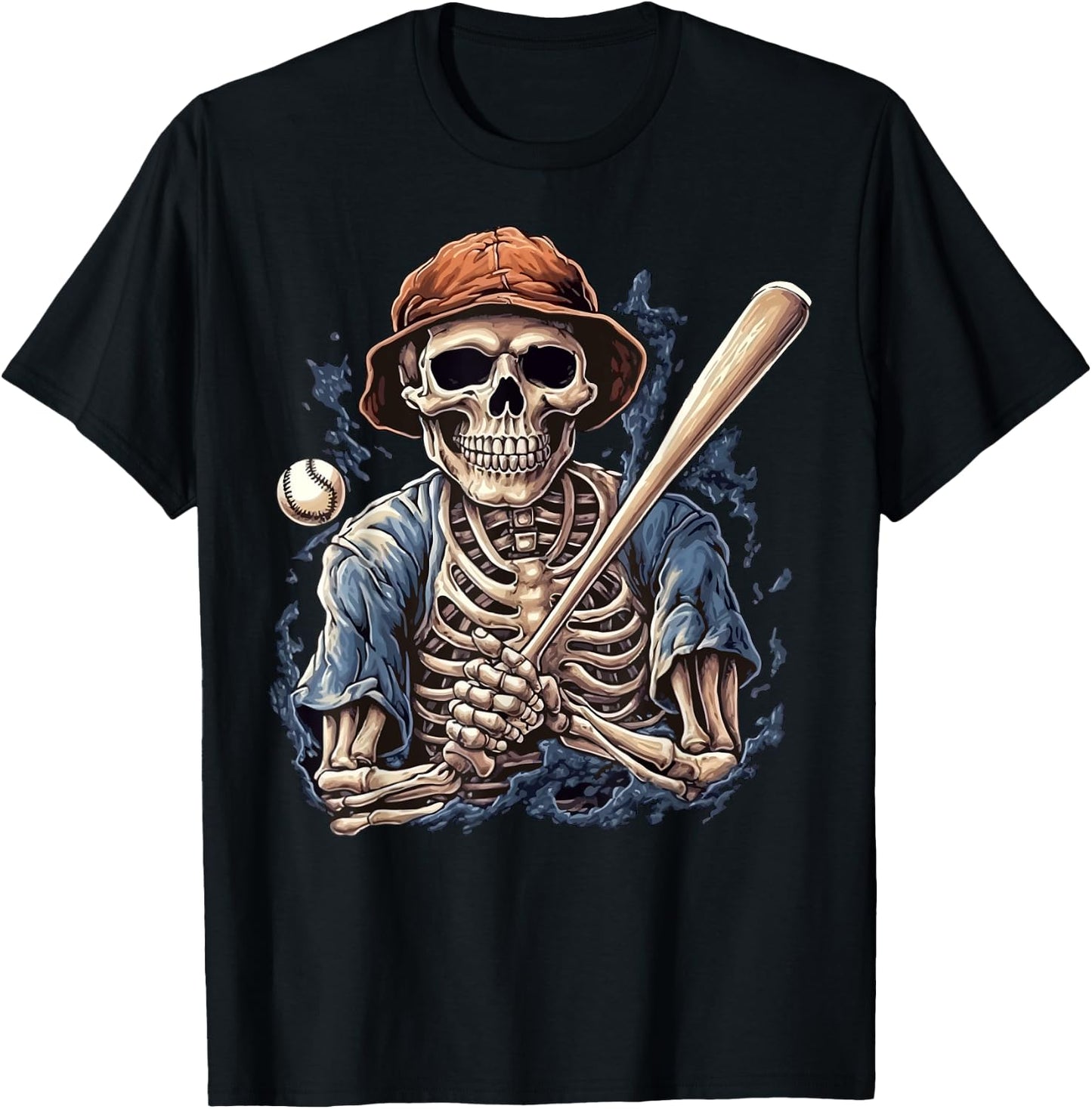 Skeleton Playing Baseball Halloween Scary Pirate Skeleton T-Shirt - T-Shirt | Black