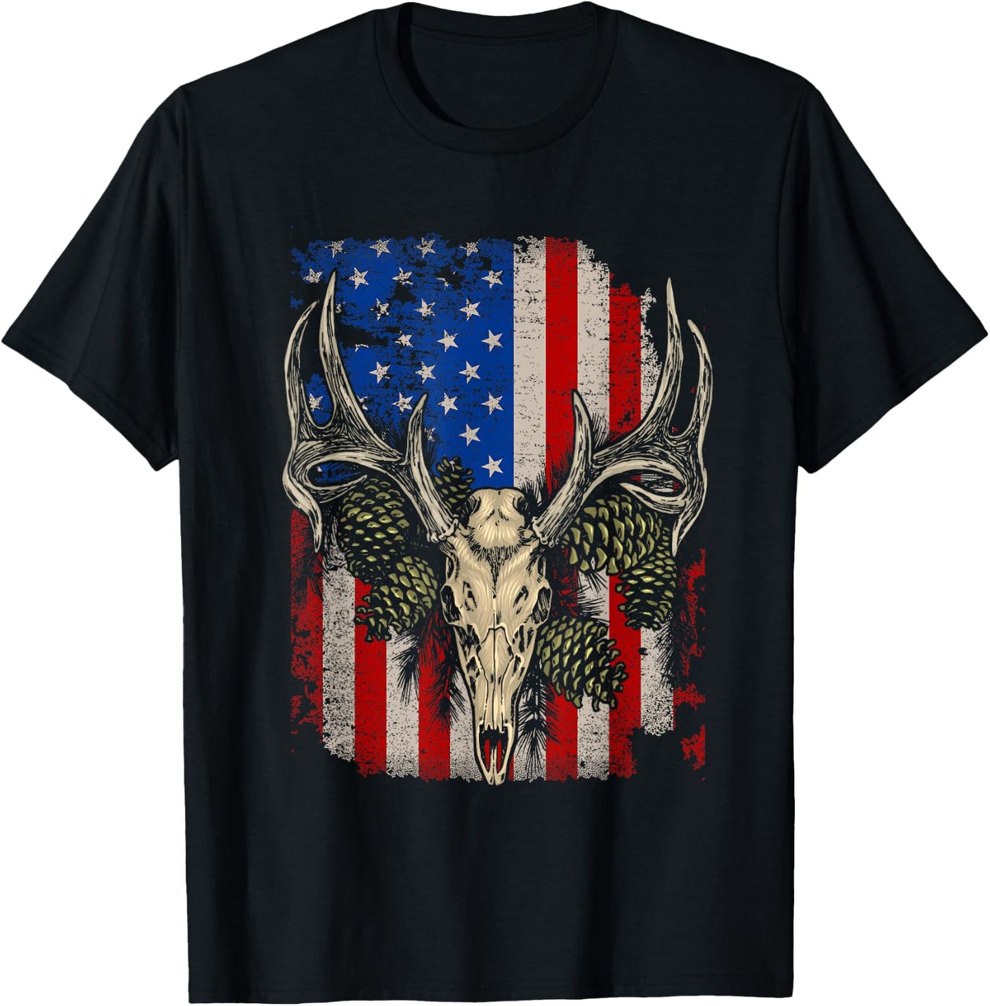 Deer Hunting Skull Whitetail Buck American Flag Vintage T-Shirt - T-Shirt | Black