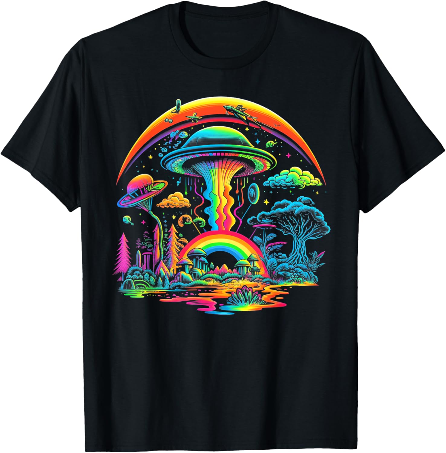 UFO Funny Alien Retro Mushroom Vintage 60s 80s 70s Rainbow T-Shirt - T-Shirt | Black