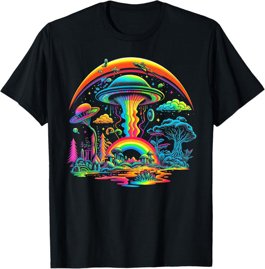 UFO Funny Alien Retro Mushroom Vintage 60s 80s 70s Rainbow T-Shirt - T-Shirt | Black