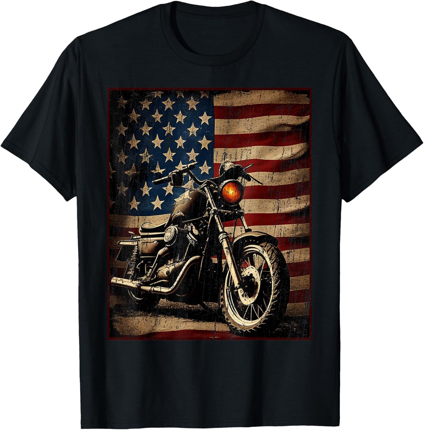 Motorcycle USA Flag Retro Biker T-Shirt - T-Shirt | Black