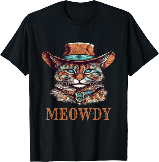 Funny Cat Graphic Howdy Western Cowboy Cowgirl Meowdy Cat T-Shirt - T-Shirt | Black