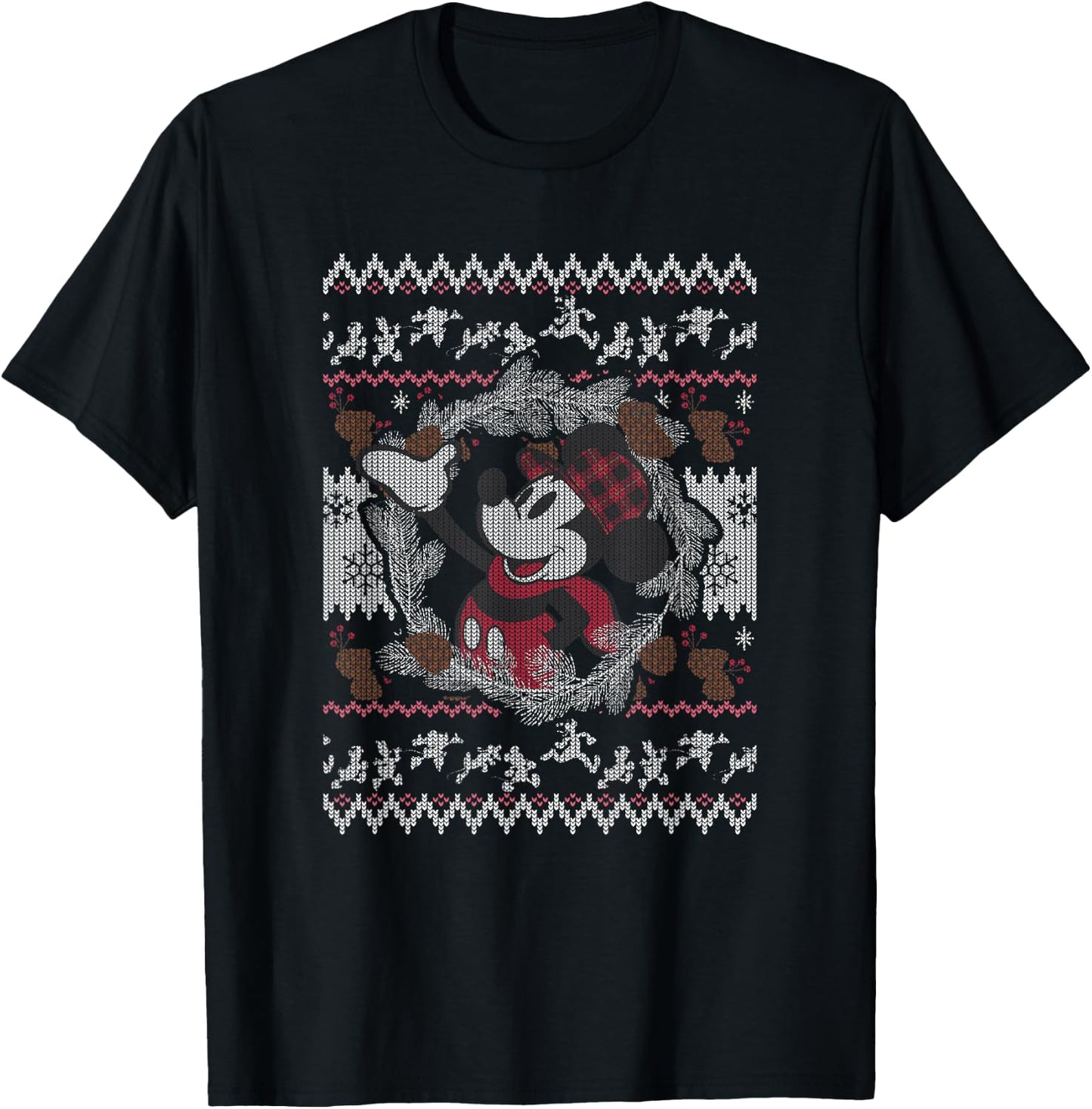 Disney Mickey and Friends Christmas Plaid Ugly Sweater T-Shirt - T-Shirt | Black