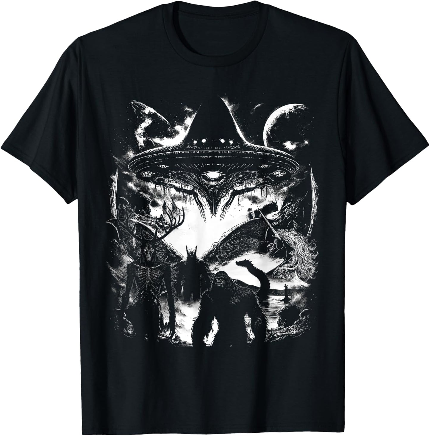 Bigfoot Loch Ness Monster Mothman Wendigo Alien Cryptid T-Shirt - T-Shirt | Black