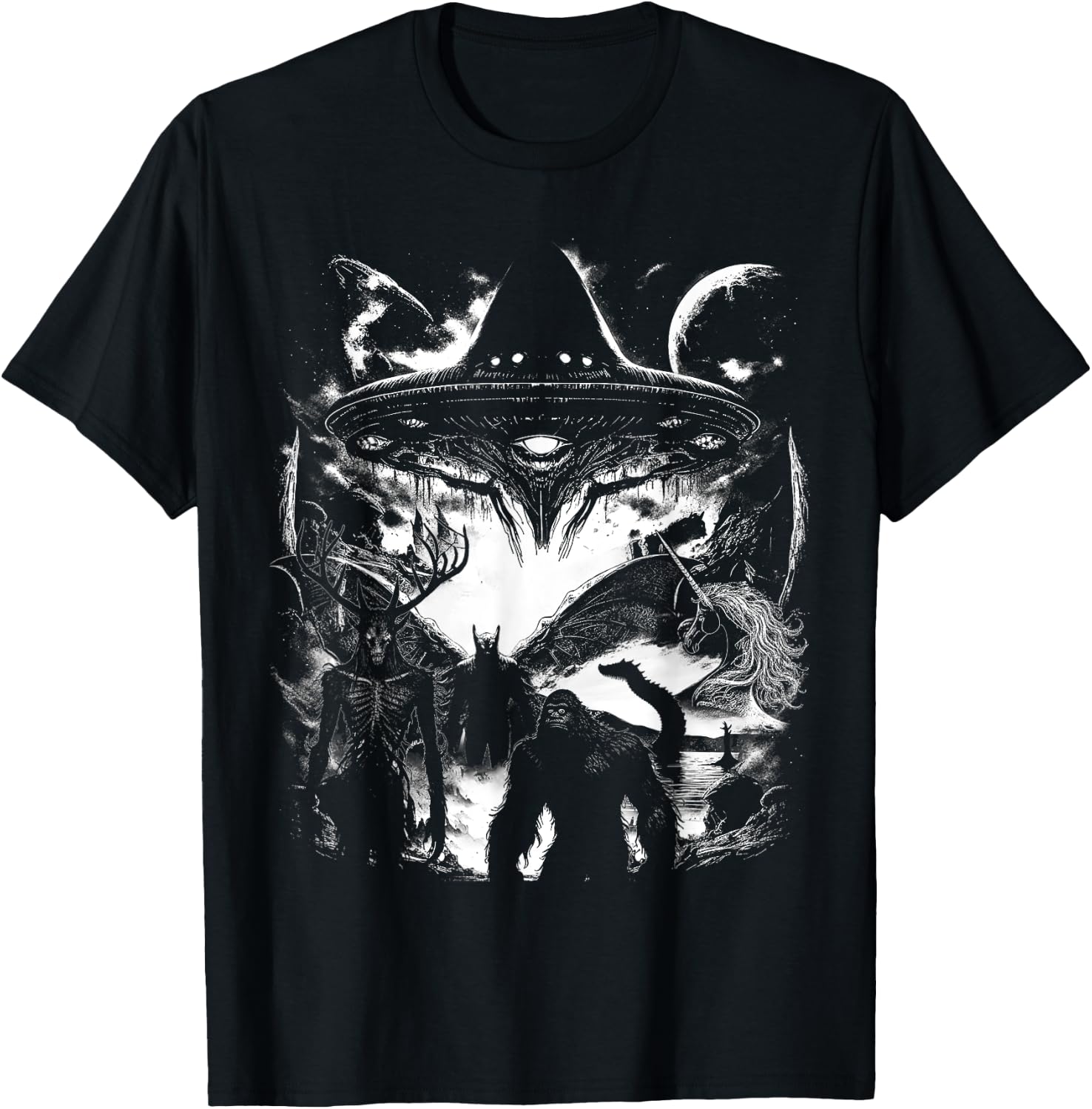 Bigfoot Loch Ness Monster Mothman Wendigo Alien Cryptid T-Shirt - T-Shirt | Black