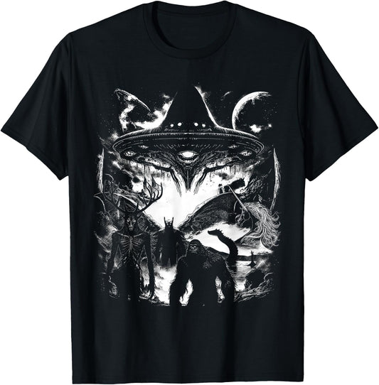 Bigfoot Loch Ness Monster Mothman Wendigo Alien Cryptid T-Shirt - T-Shirt | Black