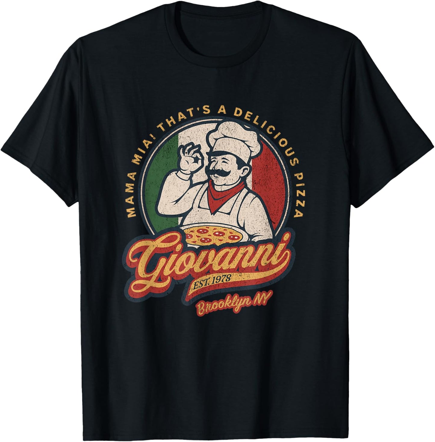 Vintage New York Pizza Retro 70s Giovanni Brooklyn NY T-Shirt - T-Shirt | Black