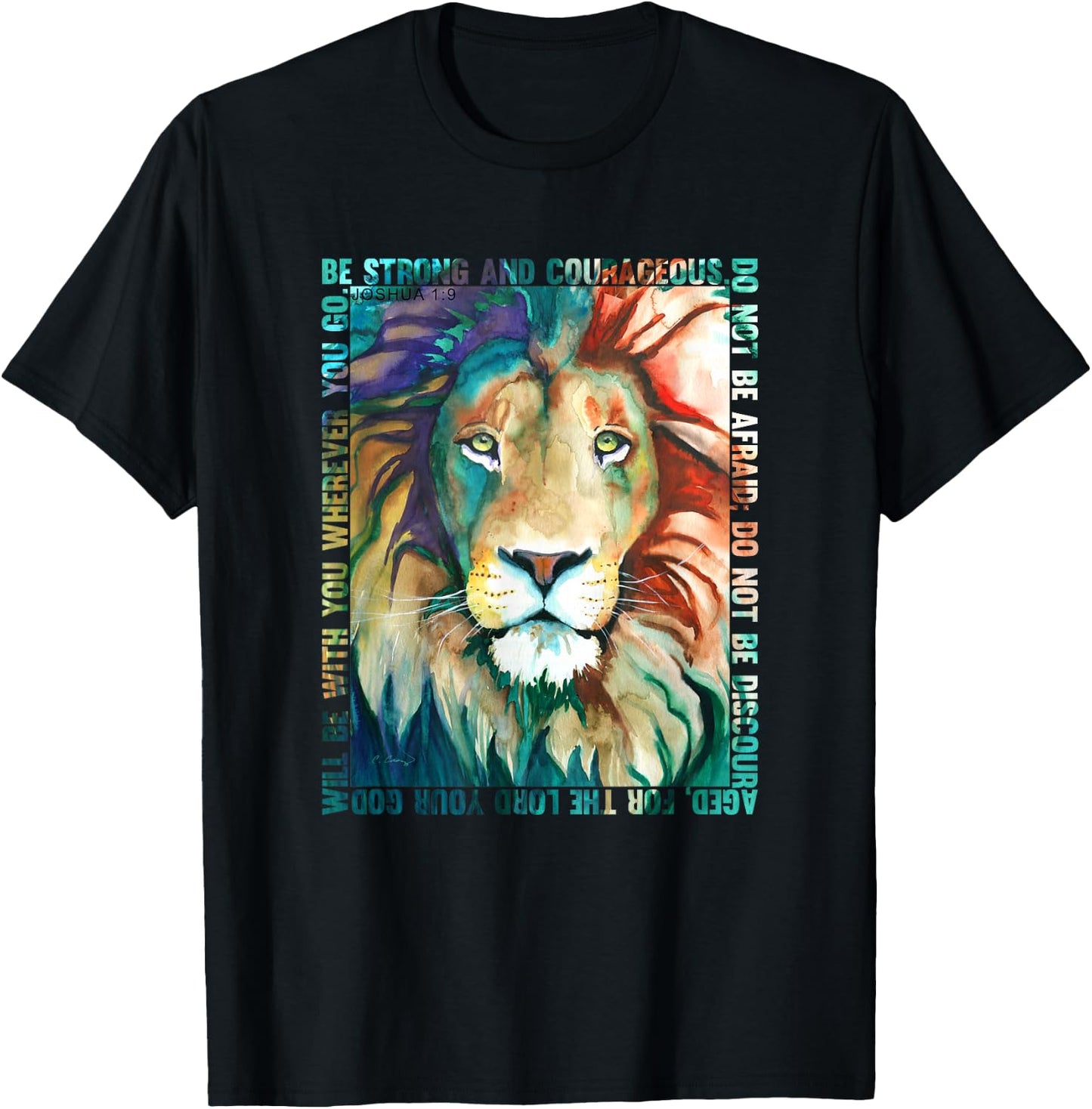 Lion Colorful Face Bible Verse Watercolor by Cheryl Casey T-Shirt - T-Shirt | Black