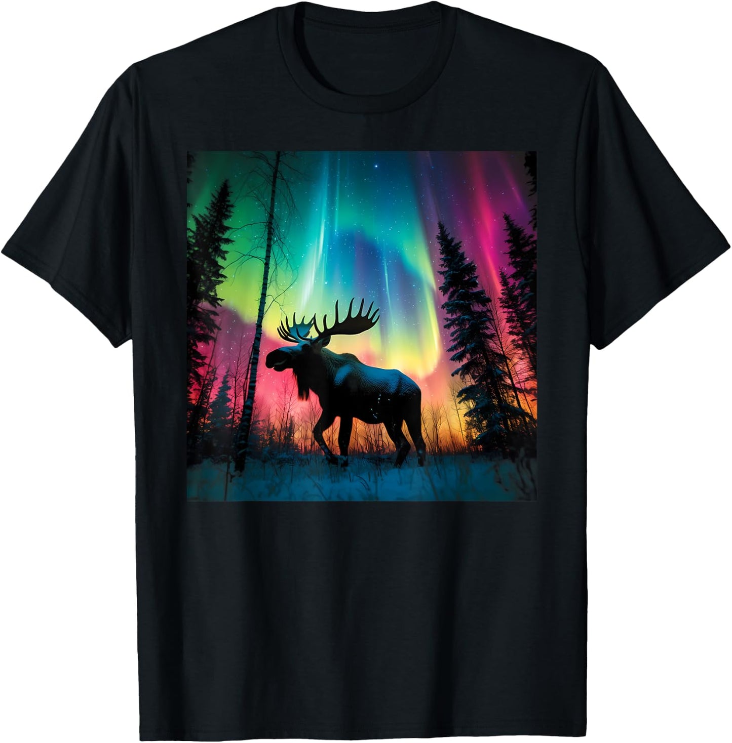 Minnesota Northern Lights Moose Family Winter Camping Trip T-Shirt - T-Shirt | Black