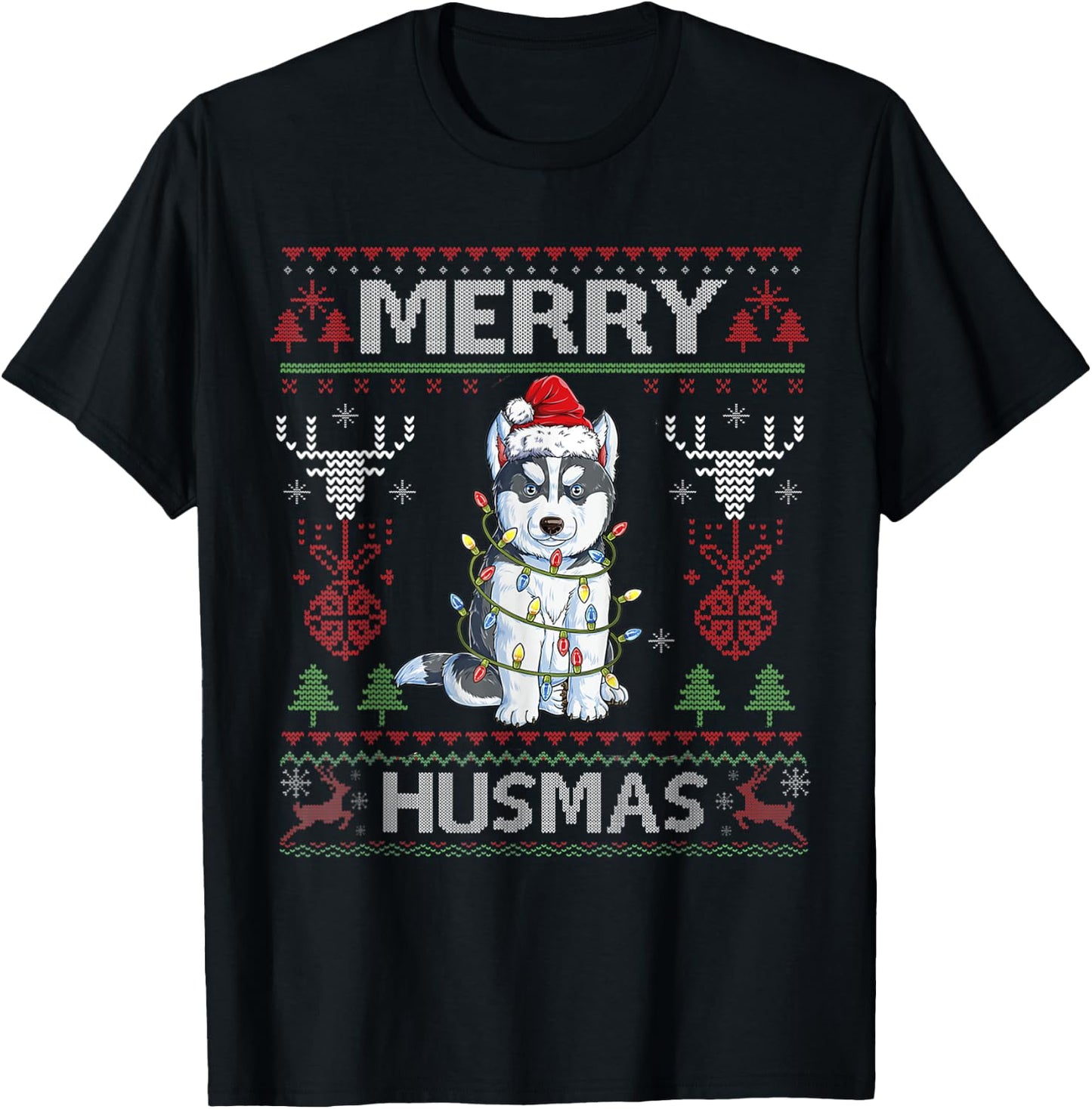 Cute Merry Huskymas Ugly Sweater Husky Christmas Tree Dog T-Shirt - T-Shirt | Black