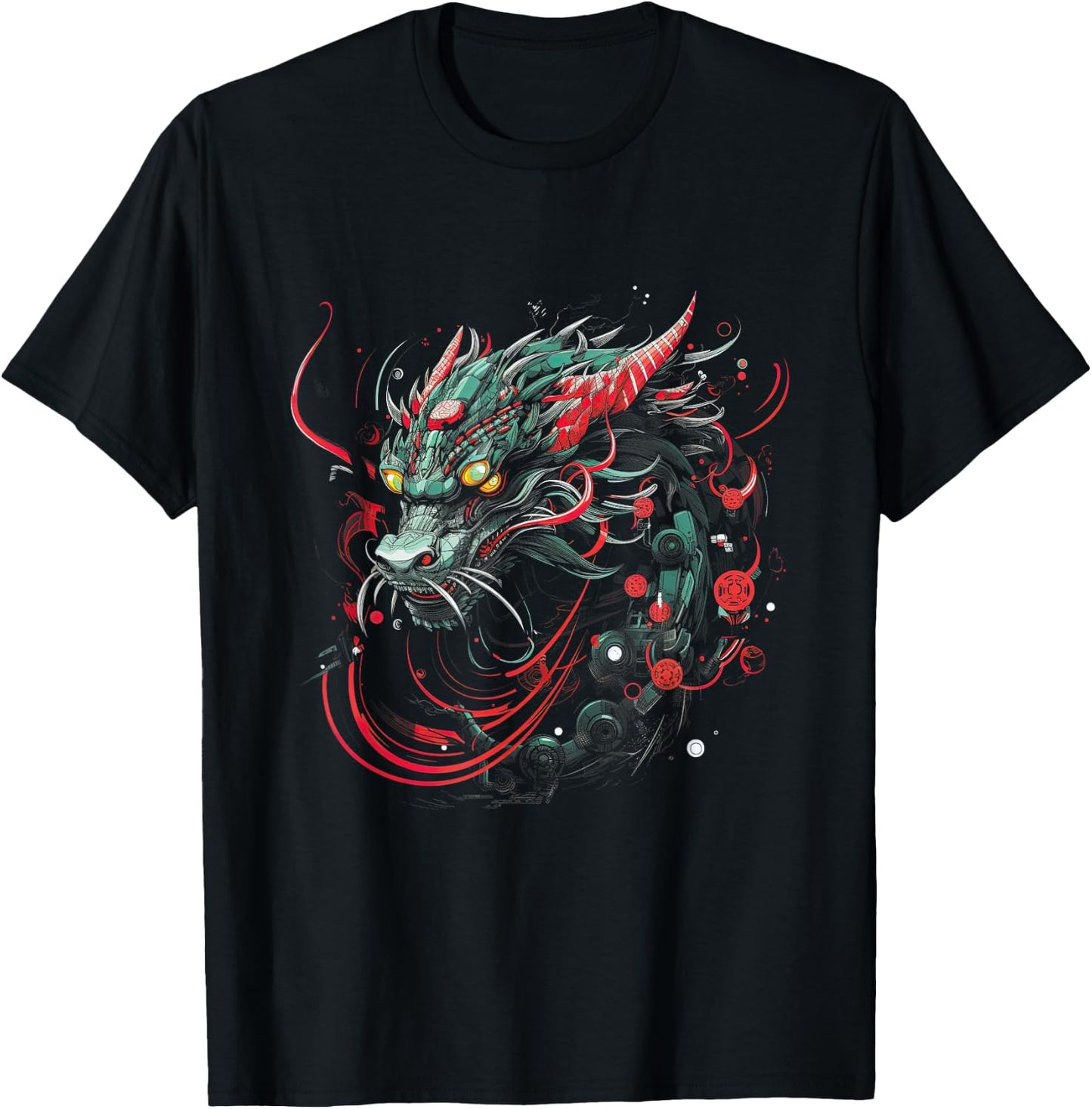 Dragon Asia Mythology Futuristic Japanese Cyberpunk Japan Art Cyber - Women's -Adults Black Short Sleeve Classic Fit Collarless - Small T-Shirt - T-Shirt | Black