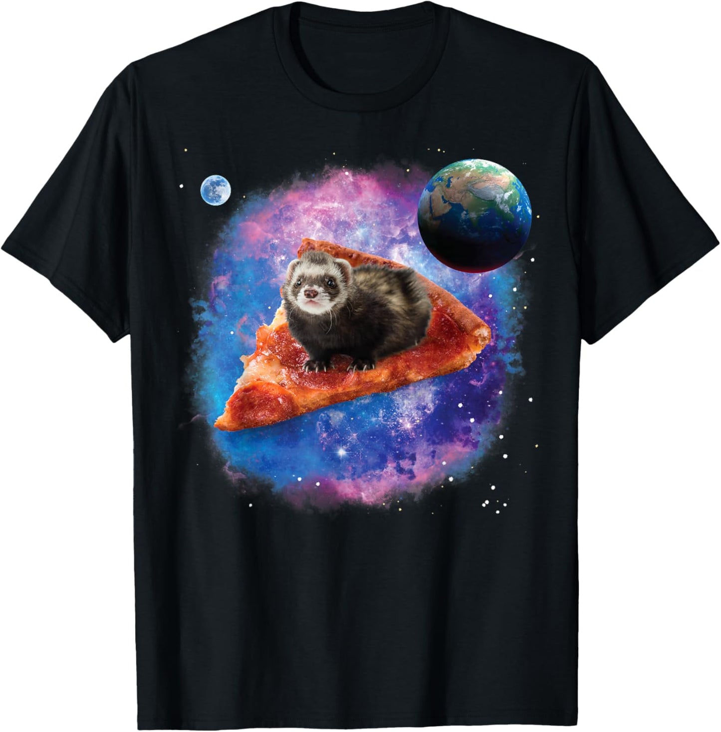 Funny Ferret on a Pizza in Space Ferret T-Shirt - T-Shirt | Black