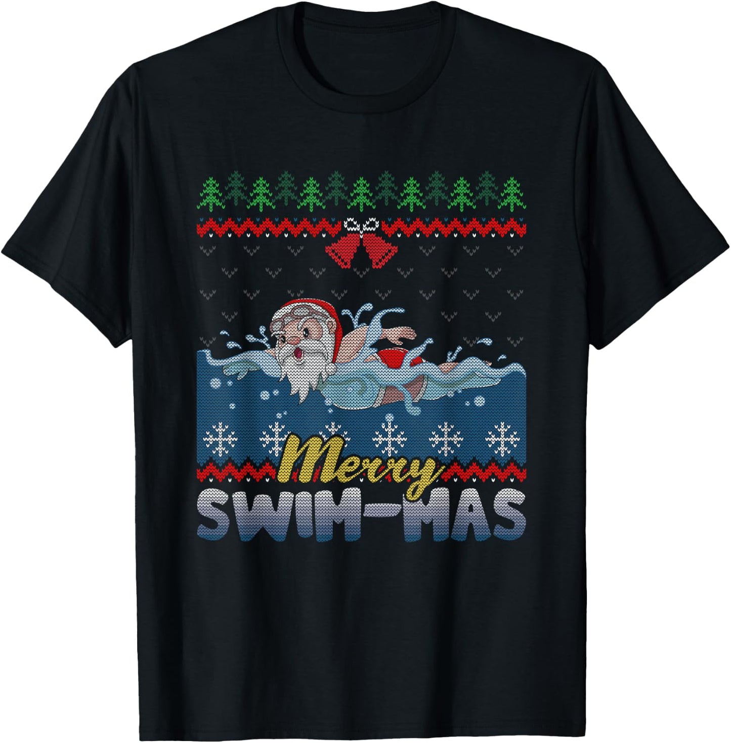 Merry Swim-Mas Santa Claus Swimming Ugly Christmas Sweater T-Shirt - T-Shirt | Black