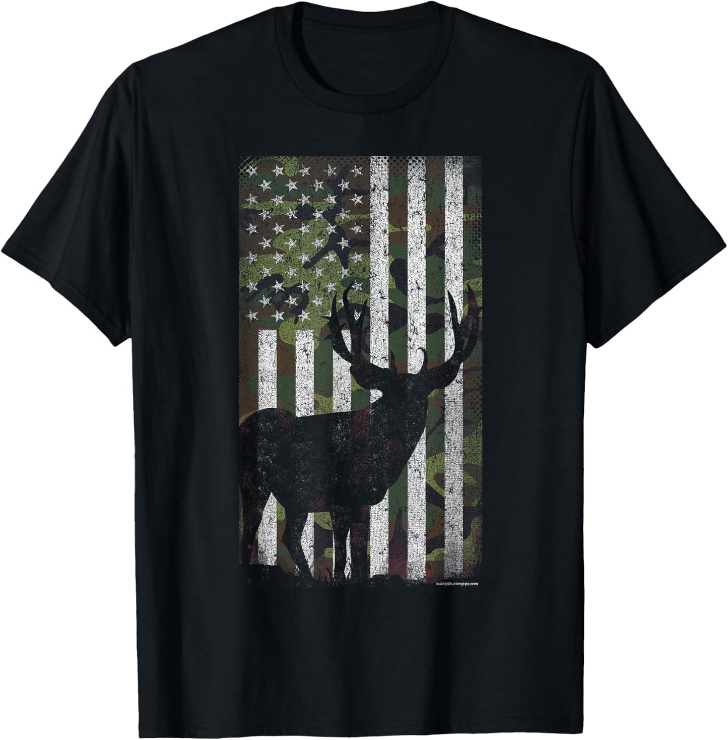 Deer Hunting Mule Deer Buck Camo US Flag - American Retro T-Shirt - T-Shirt | Black