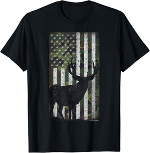 Deer Hunting Mule Deer Buck Camo US Flag - American Retro T-Shirt - T-Shirt | Black
