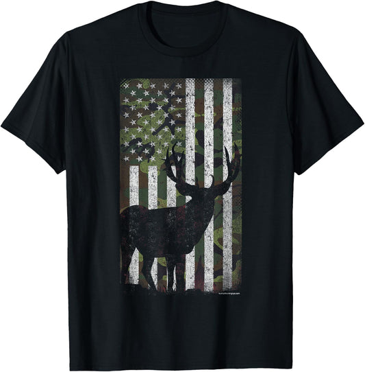 Deer Hunting Mule Deer Buck Camo US Flag - American Retro T-Shirt - T-Shirt | Black