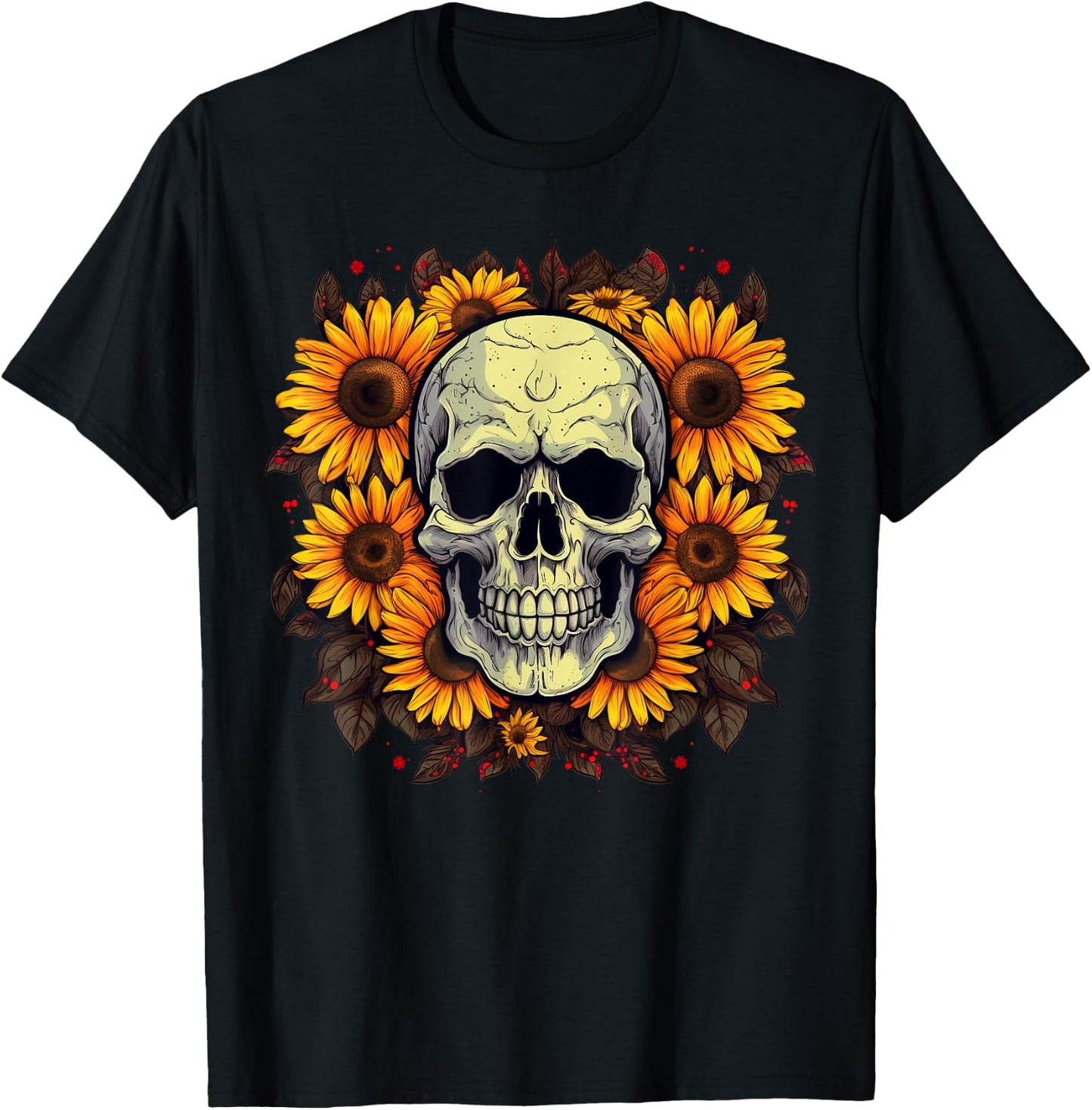 Floral Sugar Skull with Sunflowers T-Shirt - T-Shirt | Black