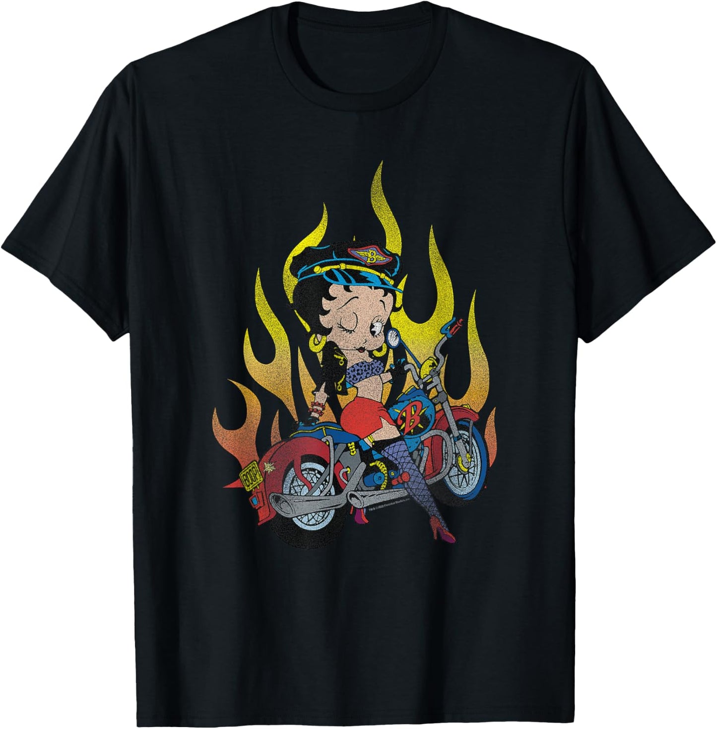 Betty Boop Biker Pose Fire Background V-2 T-Shirt - T-Shirt | Black